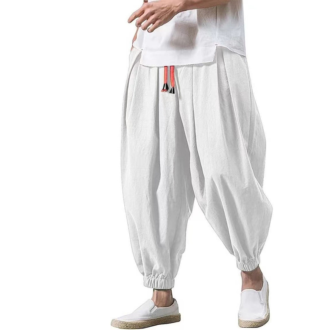 Men's loose harem pants with drawstring, elastic cuffs, and light cotton-linen blend Mune Fashion