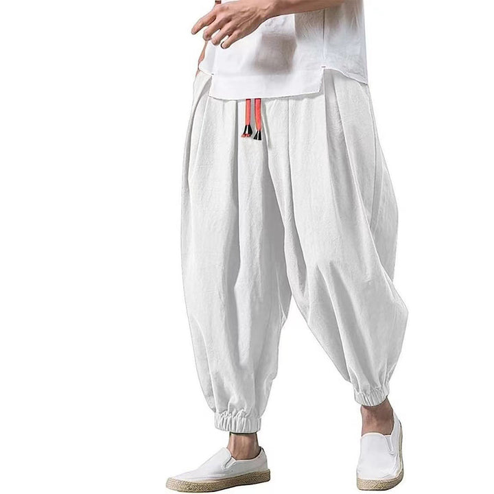 Men's loose harem pants with drawstring, elastic cuffs, and light cotton-linen blend Mune Fashion