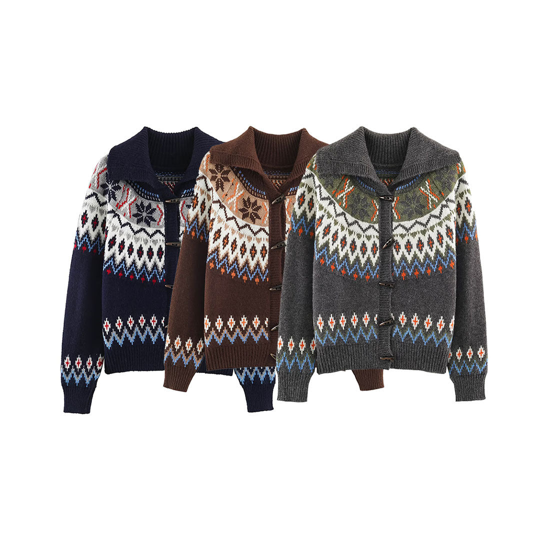 Women Chunky Knit Norwegian Cardigan with Shawl Collar and Horn Button Placket Mune Fashion
