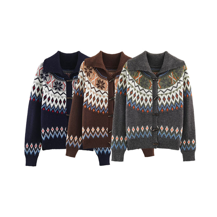 Women Chunky Knit Norwegian Cardigan with Shawl Collar and Horn Button Placket Mune Fashion