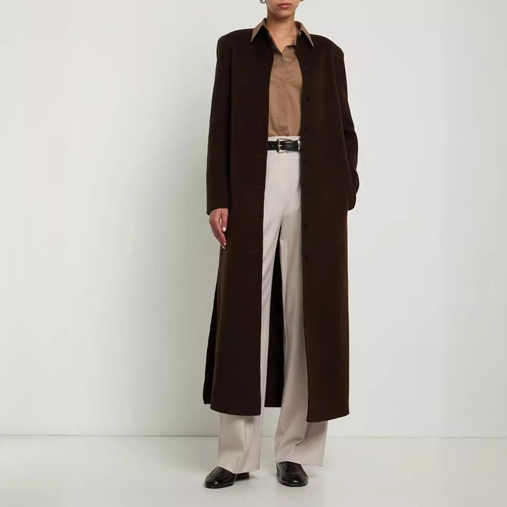 Women's Long Minimalist Stand-Up Collar Coat made of Wool Blend with Concealed Button Placket Mune Fashion