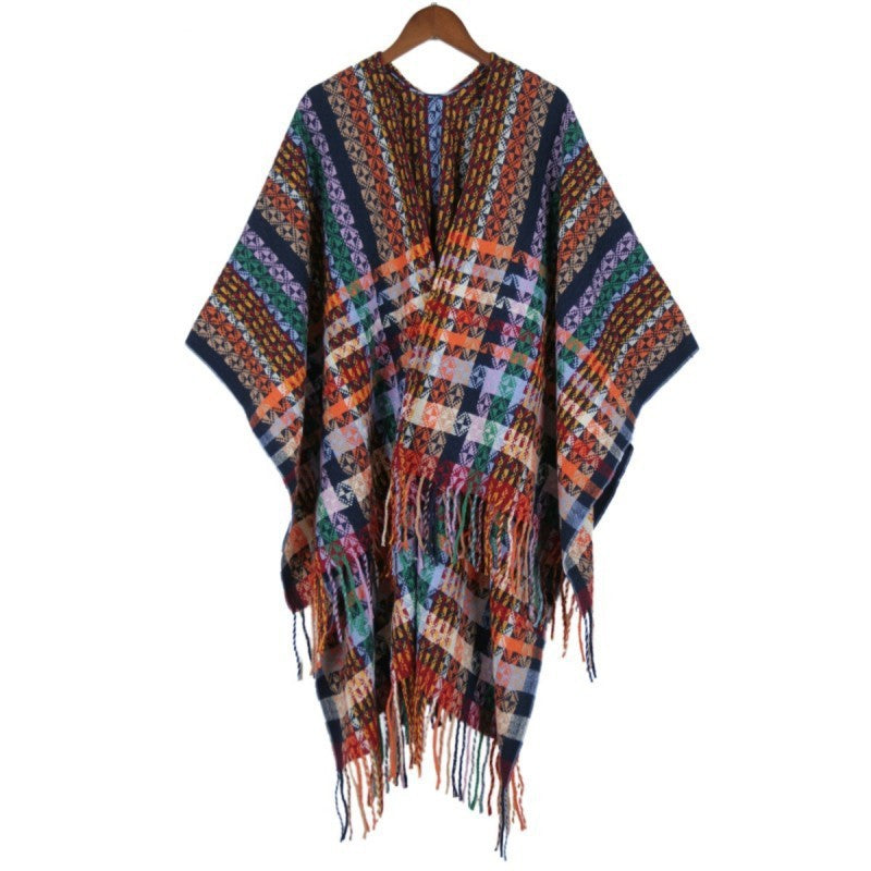 Women's Multicolored Woven Poncho in Boho Patchwork Design with Fringes Mune Fashion