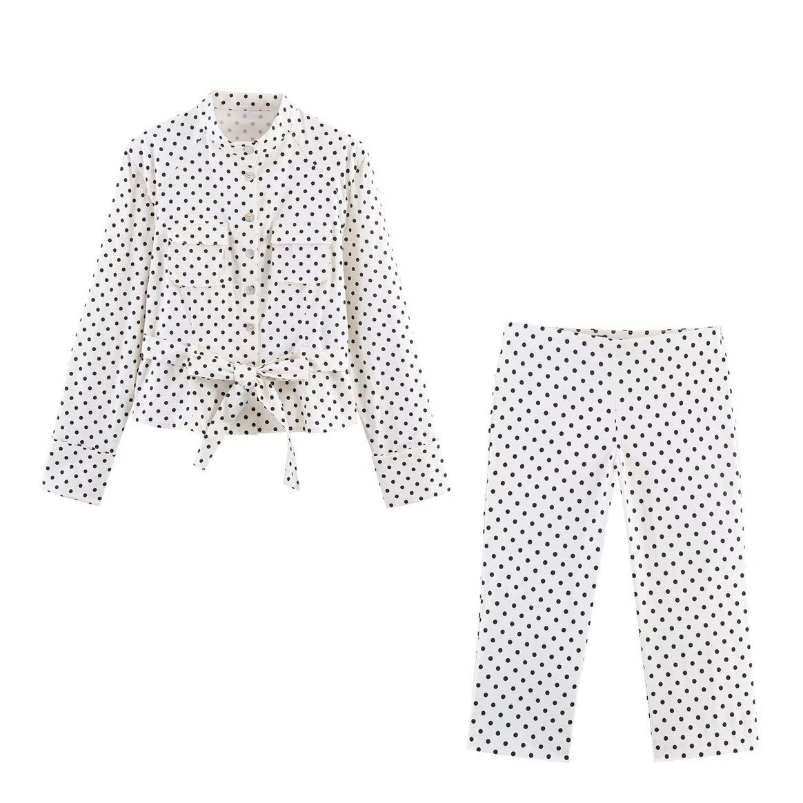 Women's Dotted Tailored Blouse Jacket with Stand Collar, Chest Pockets and Waistband Mune Fashion
