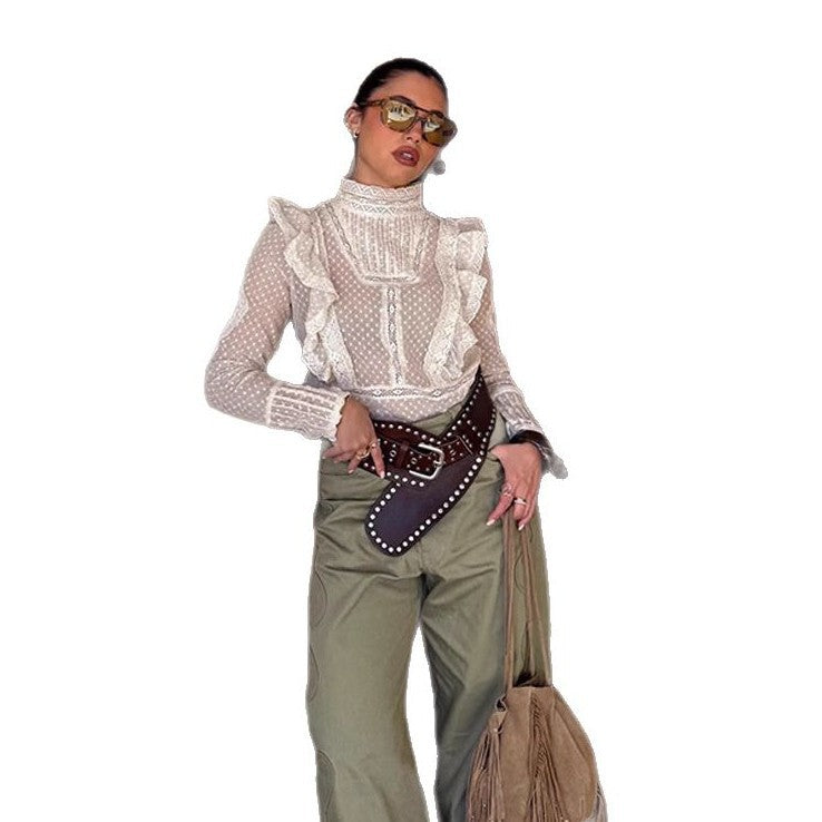 Women's Transparent Dobby Lace Blouse with High Stand-Up Collar, Ruffles & Button Cuffs Mune Fashion