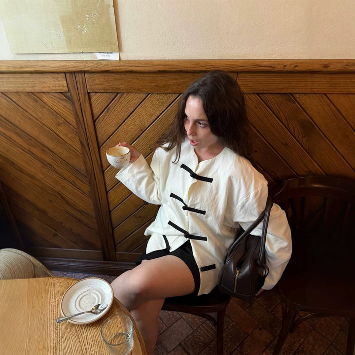 Women's Oversize Boxy Jacket with Toggle Closures and Mandarin Collar Mune Fashion