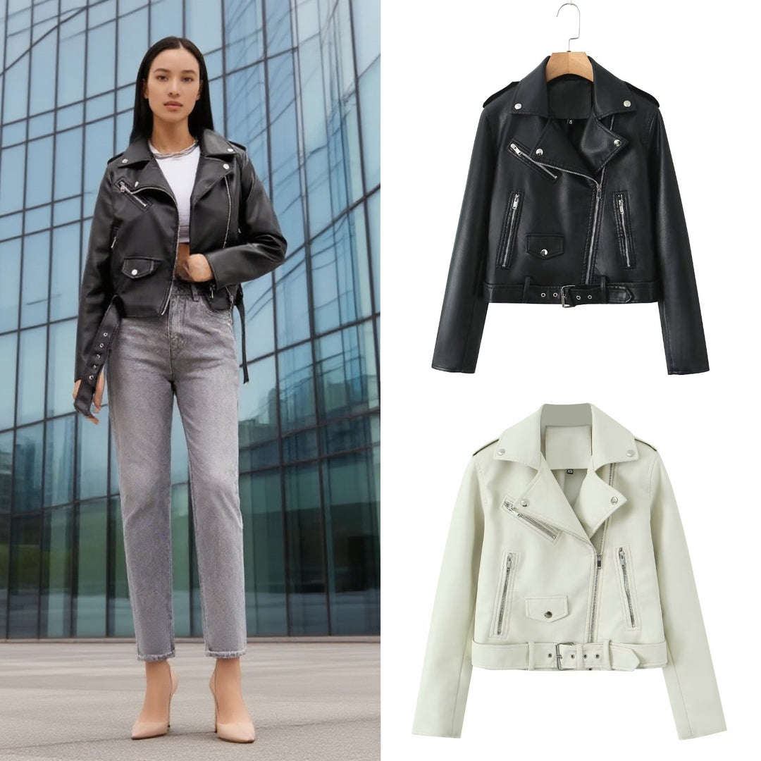 Women's robust fitted biker jacket made of faux leather with asymmetrical zipper and waist belt Mune Fashion
