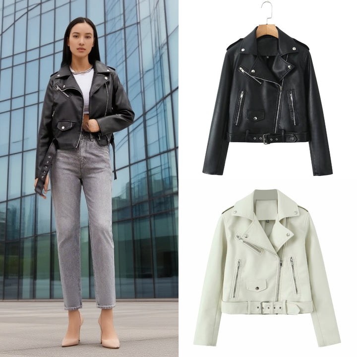 Women's robust fitted biker jacket made of faux leather with asymmetrical zipper and waist belt Mune Fashion