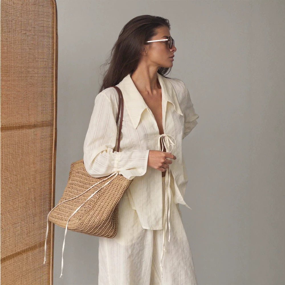 Women Loose Fitting Linen Look Blouse with Decorative Ties and Transparent Stripe Structure Mune Fashion