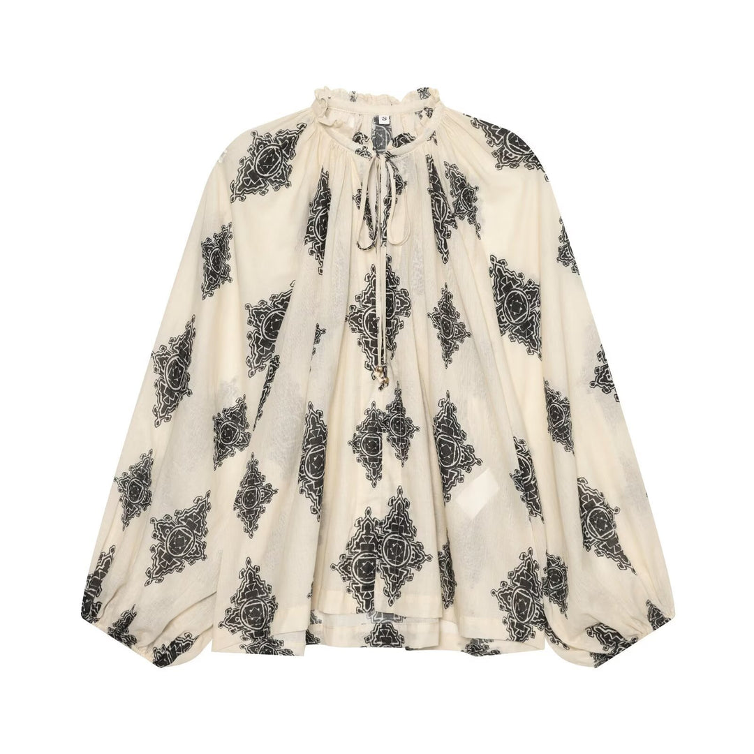 Women Wide Boho Blouse with Ruffled Collar, Drawstring and Balloon Sleeves Drune