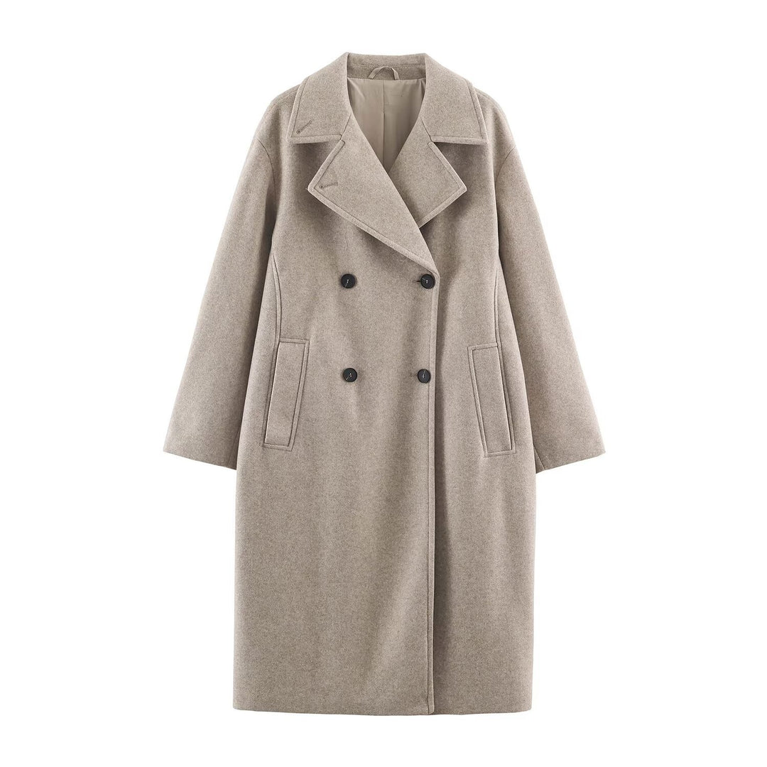 Women Mid-Length Wool Blend Double-Breasted Coat with Wide Lapels and Side Pockets Mune Fashion