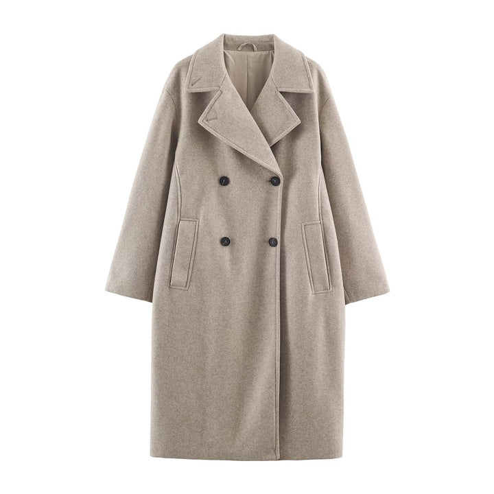 Women Mid-Length Wool Blend Double-Breasted Coat with Wide Lapels and Side Pockets Mune Fashion