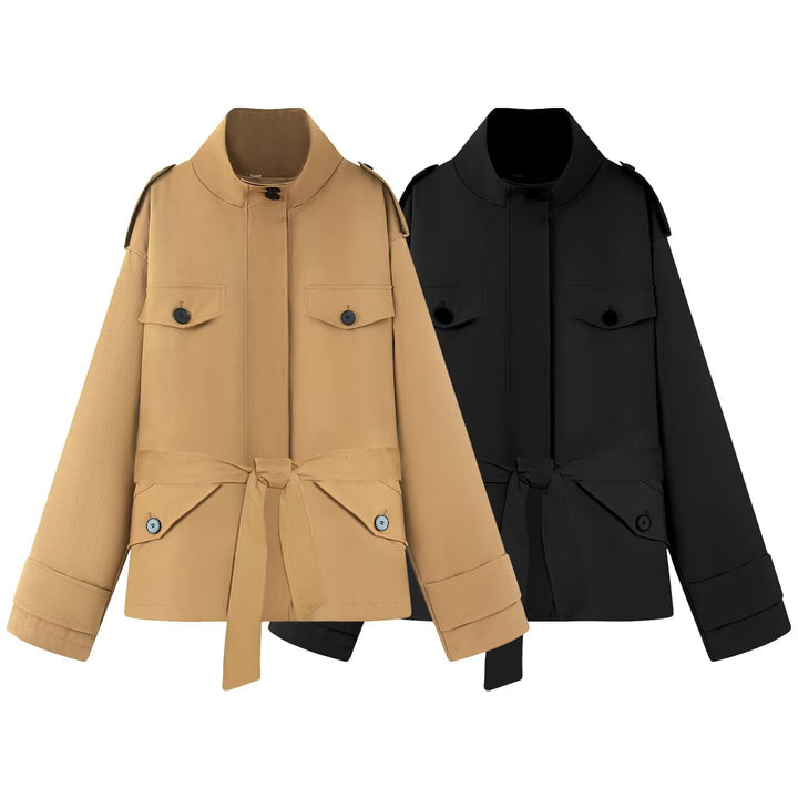 Women's Short Utility Jacket with Waist Belt and Shoulder Flaps Mune Fashion