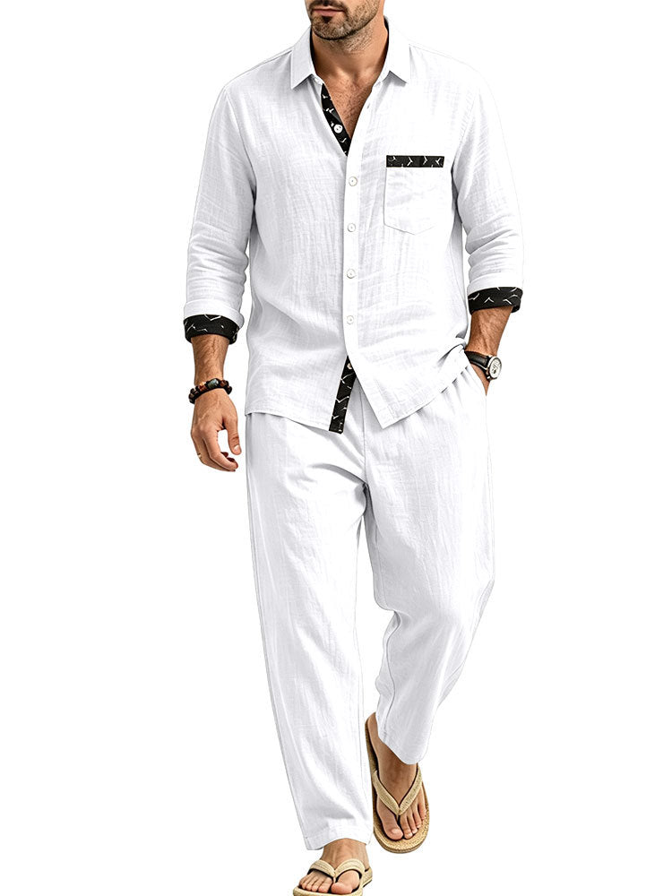 Men's Lightweight Linen Look Casual Set with Shirt and Relax Pants Mune Fashion