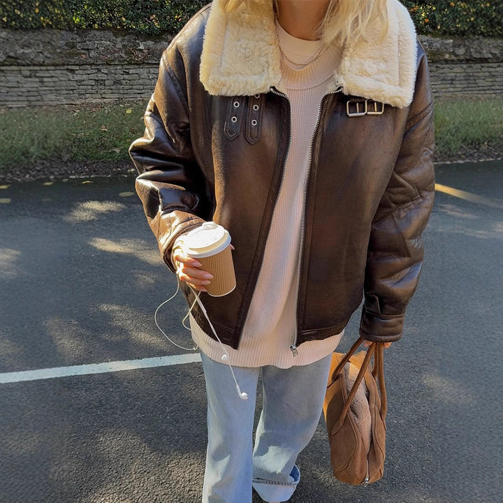 Women's Oversize Pilot Jacket made of Faux Leather with Teddy Lining and Wide Cut Mune Fashion