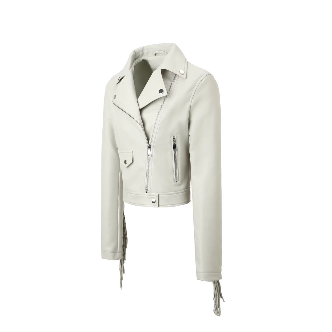 Women Cropped Biker Jacket with Fringe Mune Fashion