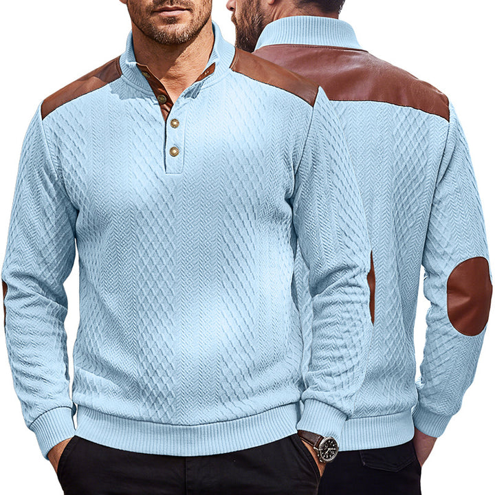 Men's pullover with stand-up collar, cable pattern and contrasting leather applications Mune Fashion