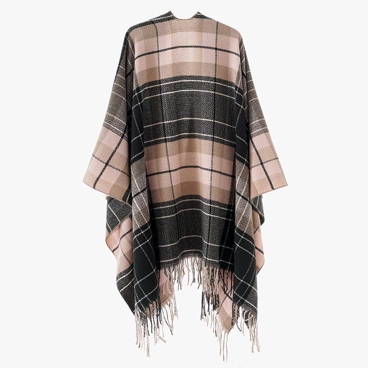 Women Oversize Kimono Cape Poncho in Check Pattern with Fringed Hem Mune Fashion