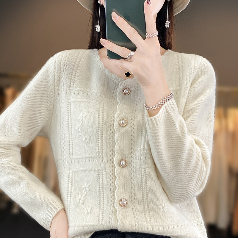 Ladies Embellished Knit Cardigan with Pearl Buttons and Openwork Embroidery Mune Fashion