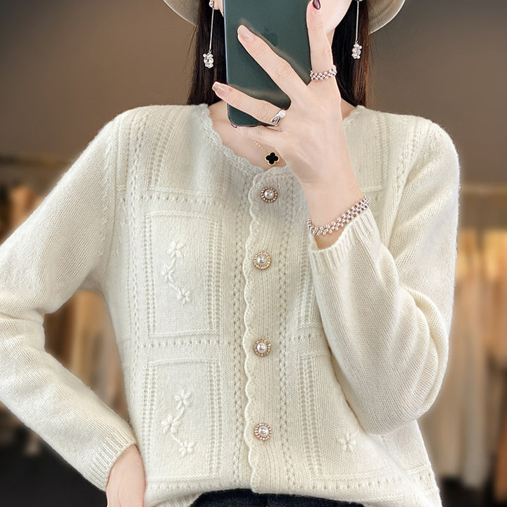 Ladies Embellished Knit Cardigan with Pearl Buttons and Openwork Embroidery Mune Fashion