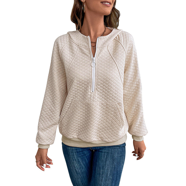 Women's quilted hoodie with half zipper, kangaroo pocket and quilted texture Mune Fashion