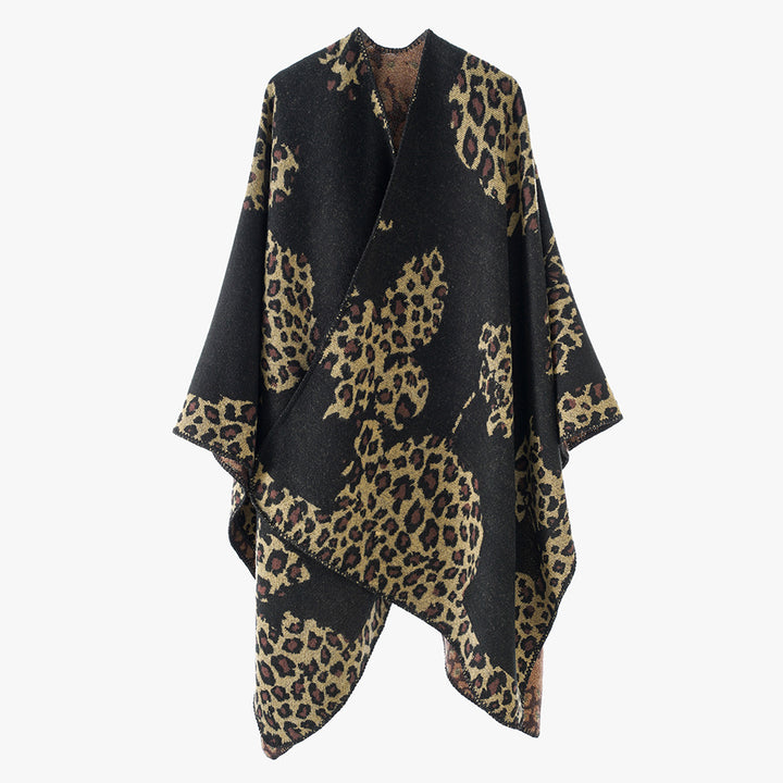 Women's wool look throw with woven leopard jacquard and open pointed edge Mune Fashion