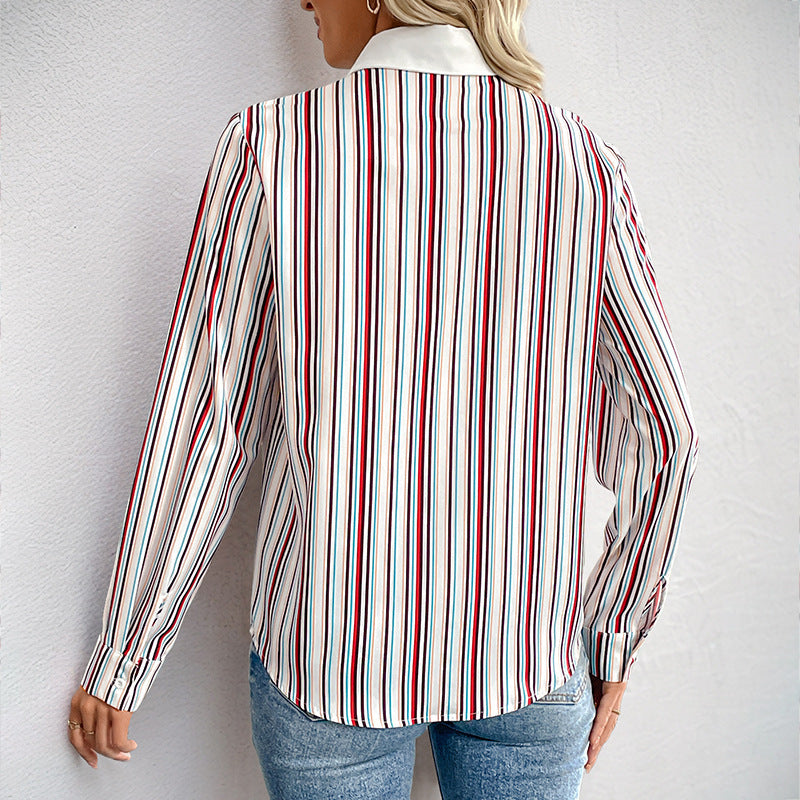 Women Striped Shirt Blouse with Decorative Collar and Long Sleeve Cuffs Mune Fashion