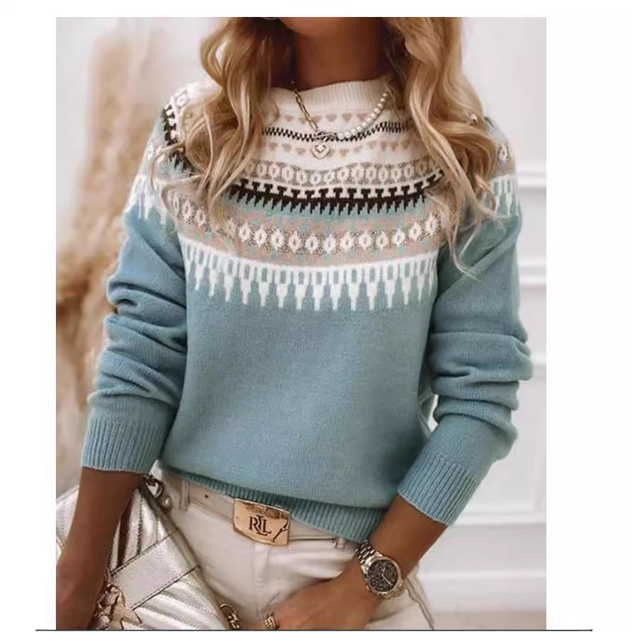 Women's Norwegian sweater made of wool blend with round neck and traditional Fair Isle yoke Mune Fashion