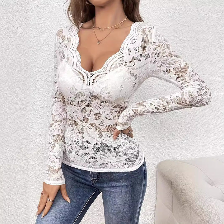Women's figure-hugging lace corset top with V-neck and integrated bustier Mune Fashion