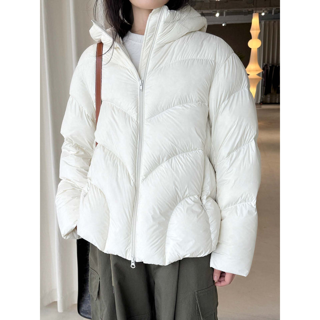 Women Short Cut Puffer Jacket with Hood, Insulating Filling and Waist Detail Mune Fashion