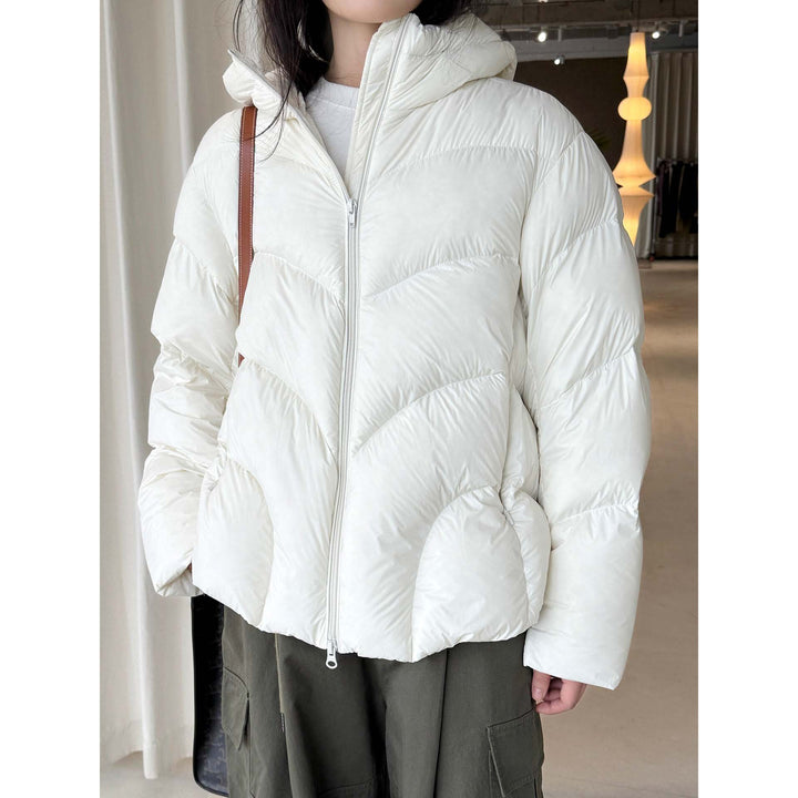 Women Short Cut Puffer Jacket with Hood, Insulating Filling and Waist Detail Mune Fashion