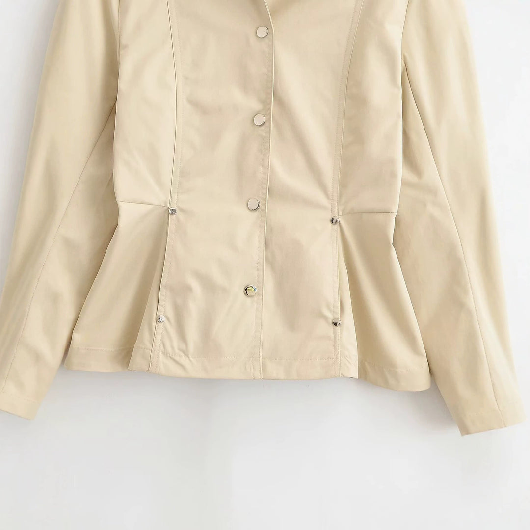 Women's Tailored Light Transitional Jacket with Contrast Collar and Snap Button Placket Mune Fashion