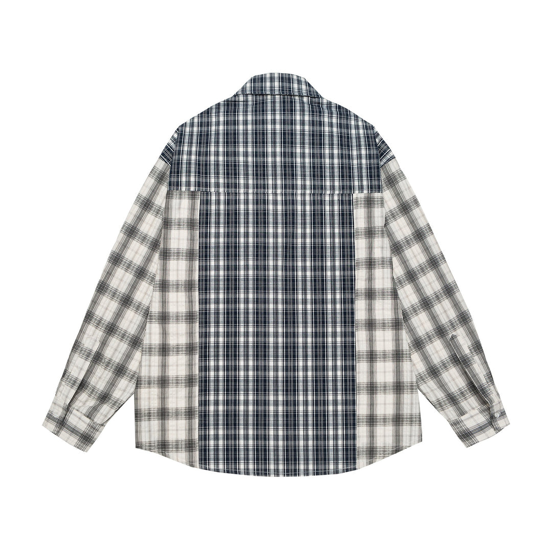 Unisex Oversized Shirt Jacket with Patchwork Check Pattern and Rounded Hem Mune Fashion