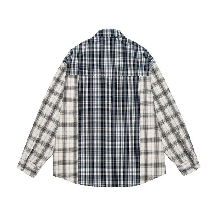 Unisex Oversized Shirt Jacket with Patchwork Check Pattern and Rounded Hem Mune Fashion