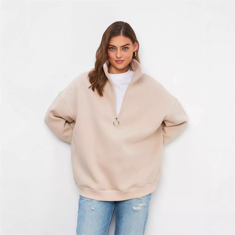 Women's Oversized Half-zip Sweater with High Stand-up Collar and Ribbed Cuffs Mune Fashion