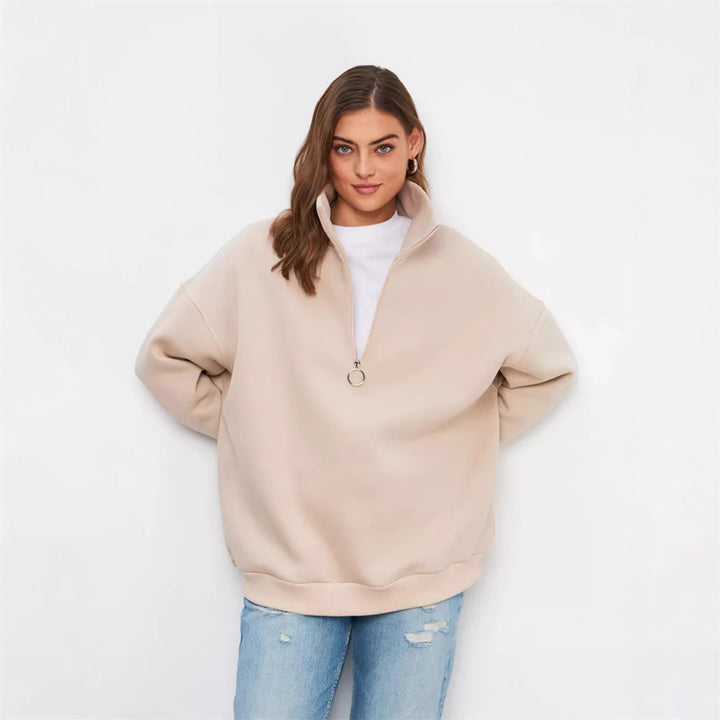 Women's Oversized Half-zip Sweater with High Stand-up Collar and Ribbed Cuffs Mune Fashion