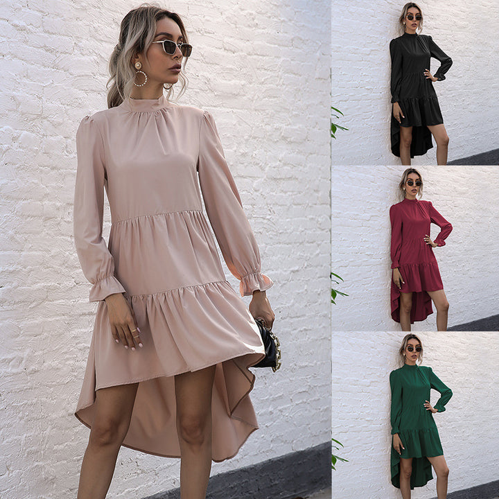 Women Elegant High Neck Dress with Ruffles Mune Fashion