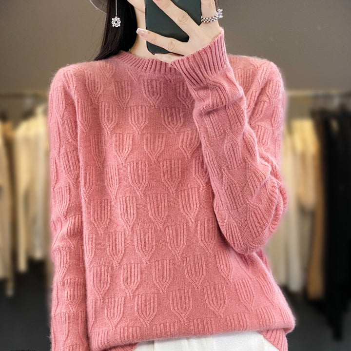 Women's Soft Mohair-Look Round Neck Sweater with Raised Tulip Texture Mune Fashion