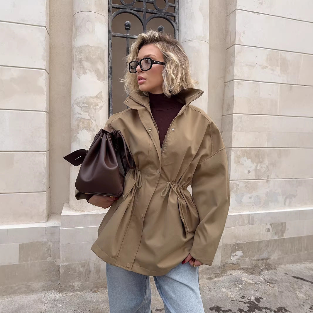 Women's Short Parka with Waist Drawstring and High Collar Mune Fashion