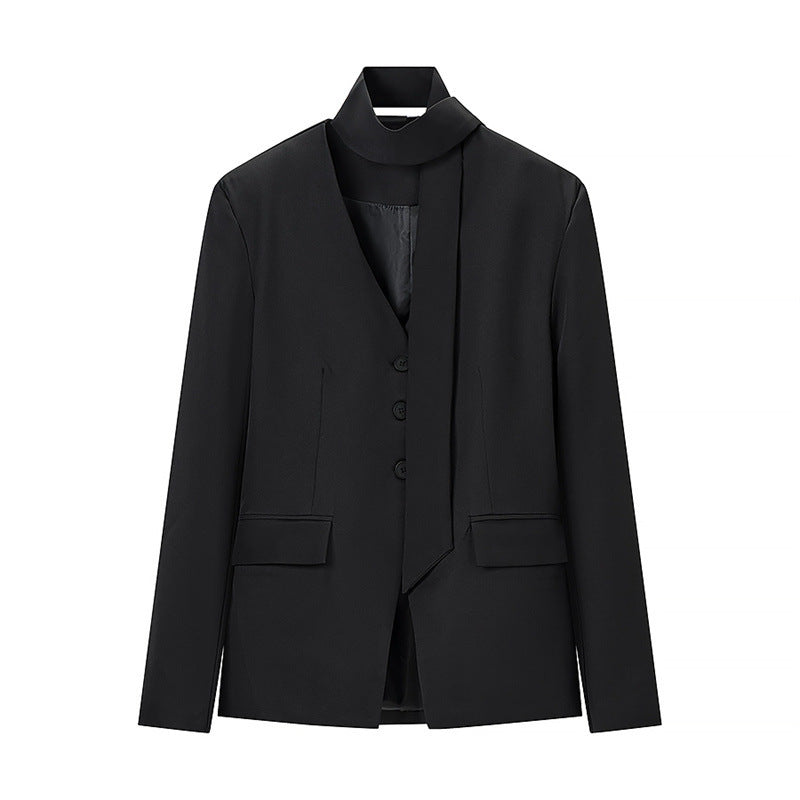 Women's Tailored Blazer with Bow, V-Neck and Flap Pockets Mune Fashion