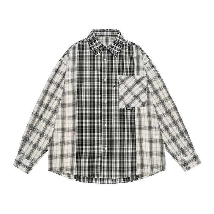 Unisex Oversized Shirt Jacket with Patchwork Check Pattern and Rounded Hem Mune Fashion