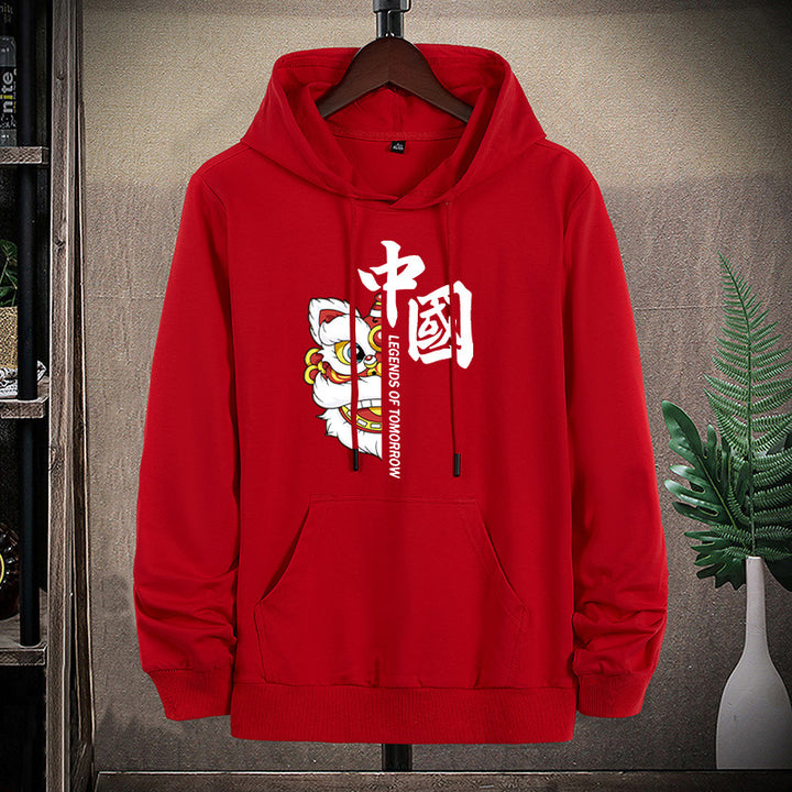 Unisex hoodie with Asian lion motif and kangaroo pocket Mune Fashion