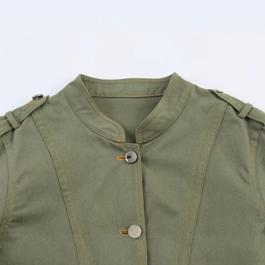 Women’s Utility Field Jacket with Stand-Up Collar, Shoulder Patches, and Flap Pockets Mune Fashion