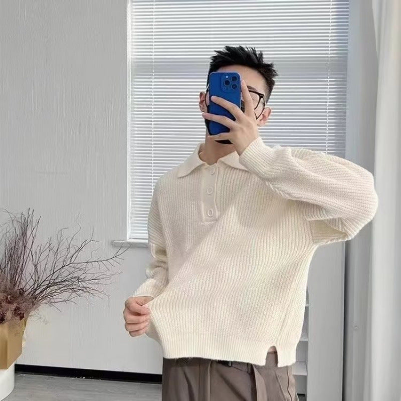 Men's fine-knit polo sweater with half-zip placket, ribbed structure, and side slits Mune Fashion