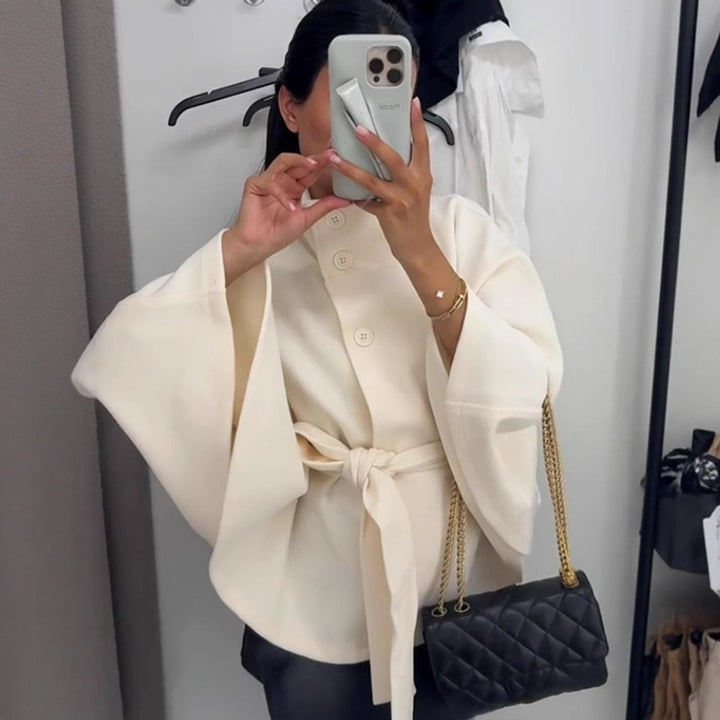 Women Elegant Wool Cape with Waist Belt, Standing Collar and Concealed Button Placket Mune Fashion