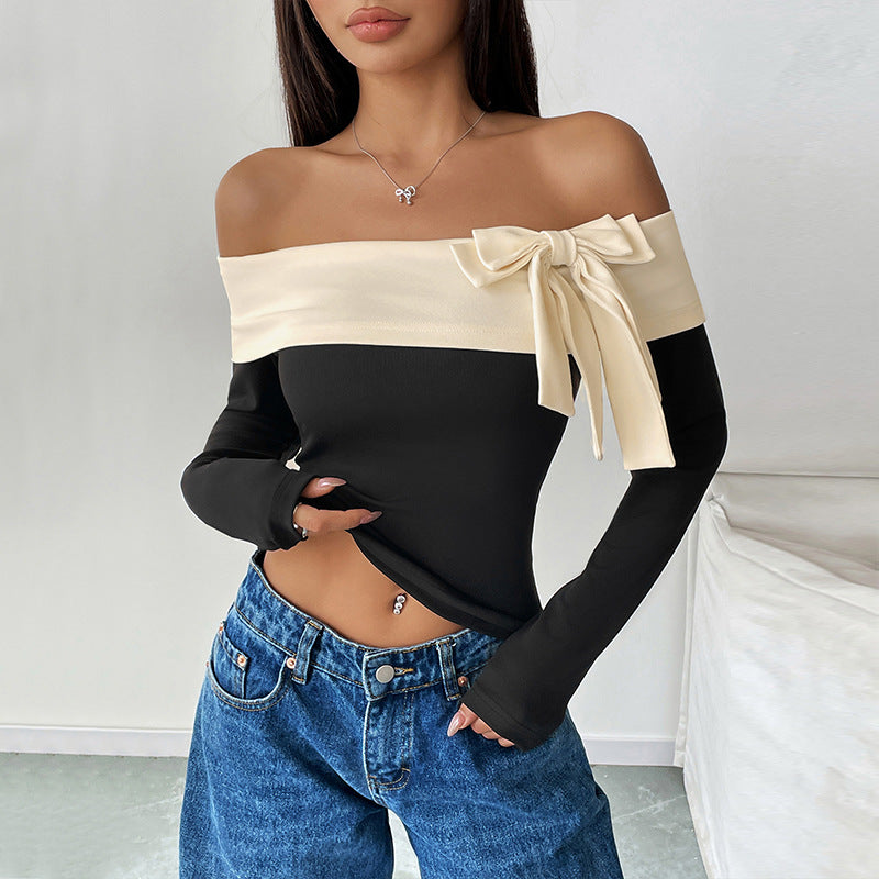 Women's Off-Shoulder Long Sleeve Top with Wide Folded Collar and Decorative Bow