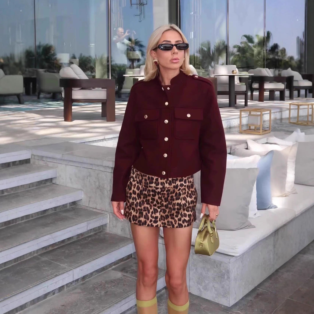 Women's Short Cut Military Inspired Wool Jacket with Stand-Up Collar, Epaulettes and Gold Button Details Mune Fashion