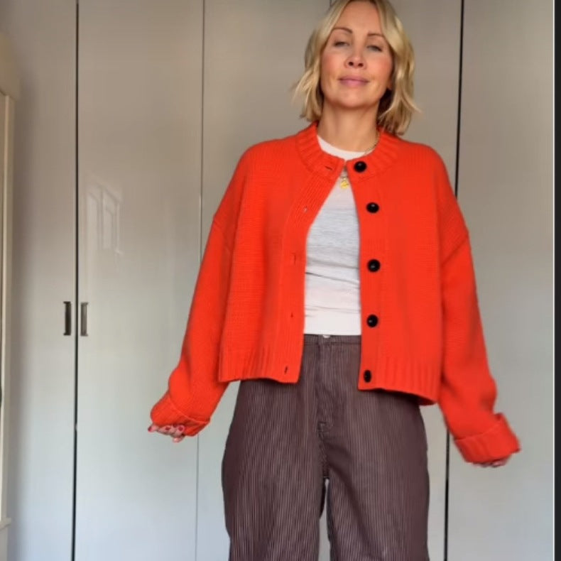 Women Chunky Knit Cropped Cardigan with Dropped Shoulder & Wide Ribbed Cuffs Mune Fashion