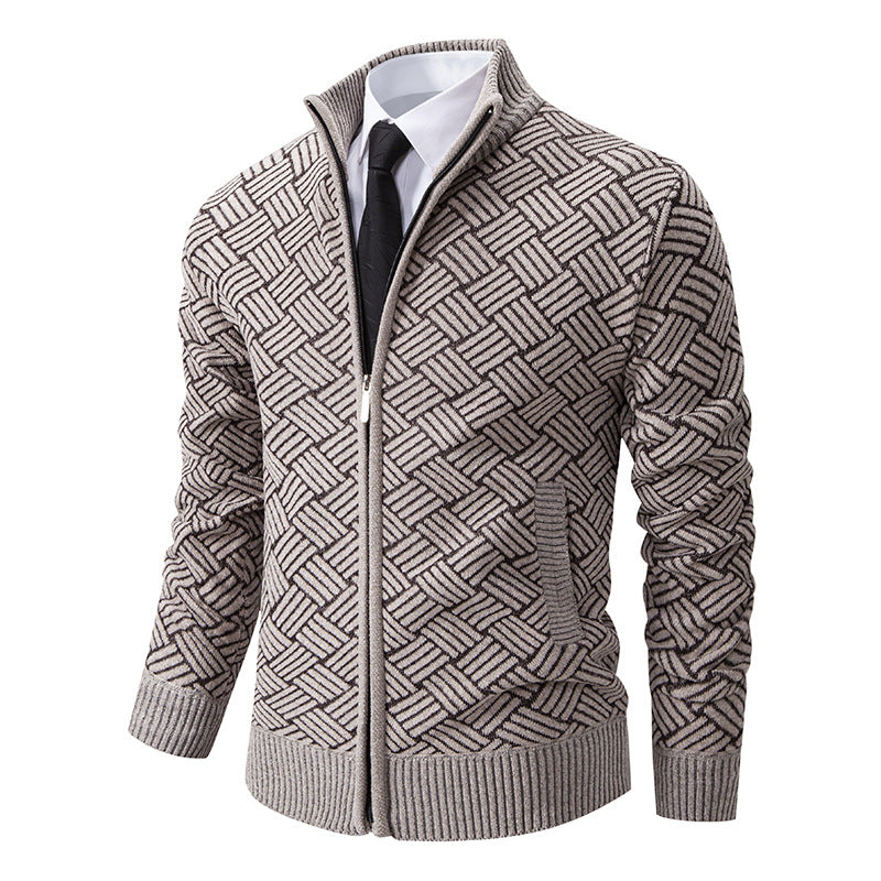 Men's knit zip jacket with geometric textured pattern and stand-up collar Mune Fashion