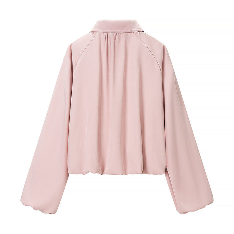 Women Cropped Jacket with Draped Front, Zipper and Balloon Sleeves Mune Fashion
