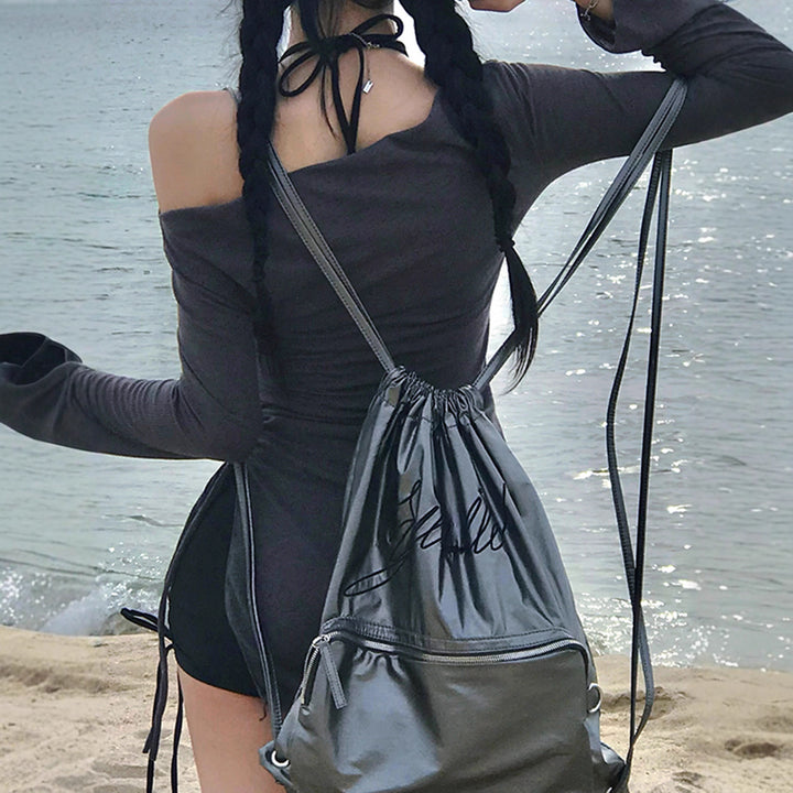 Women's figure-hugging off-shoulder ribbed knit mini dress with side drawstring gathering and long sleeves Mune Fashion